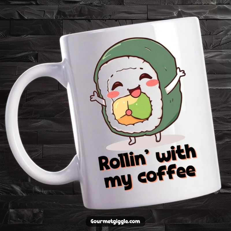 Funny sushi roll character mug, a smiling, wobbly roll attempting a silly dance, bringing foodie fun.