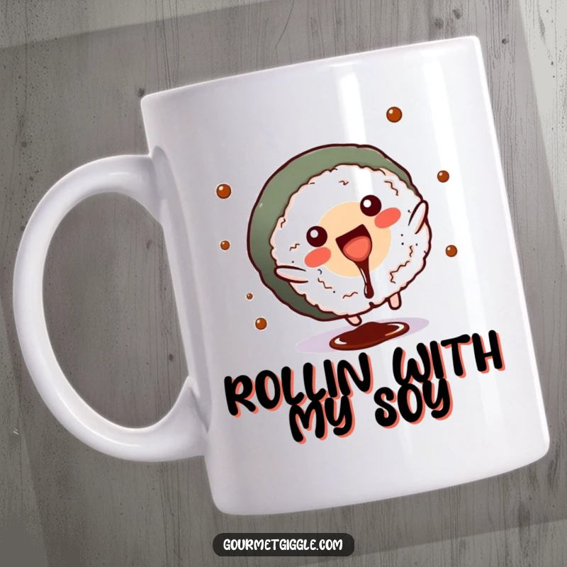 Funny sushi roll mug with soy sauce splashing as it does a cheerful cartwheel, perfect for foodies.
