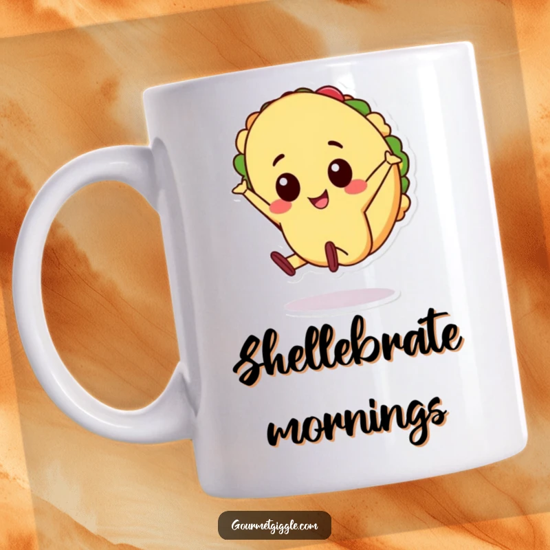 Funny cheerful taco character doing a cartwheel on a mug, full of energy and zest, a great funny gift for food lovers.