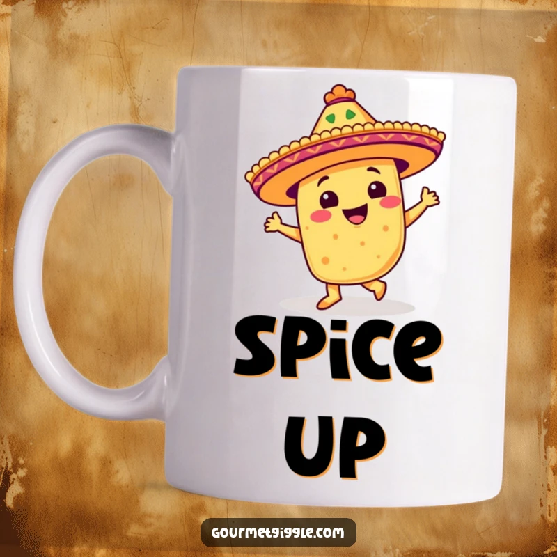 Funny mug featuring a beaming taco wearing a festive sombrero, energetically doing a salsa step, perfect for fiesta lovers.