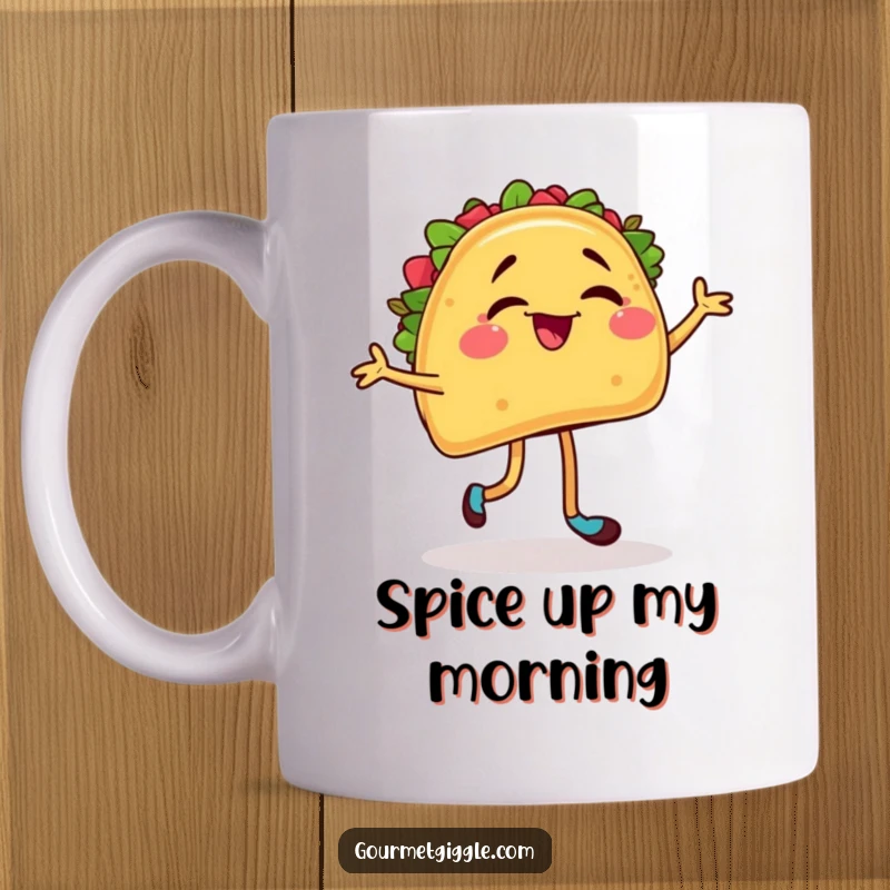 Funny mug showcasing a winking taco character enthusiastically salsa dancing with lively, expressive legs, celebrating Mexican food.