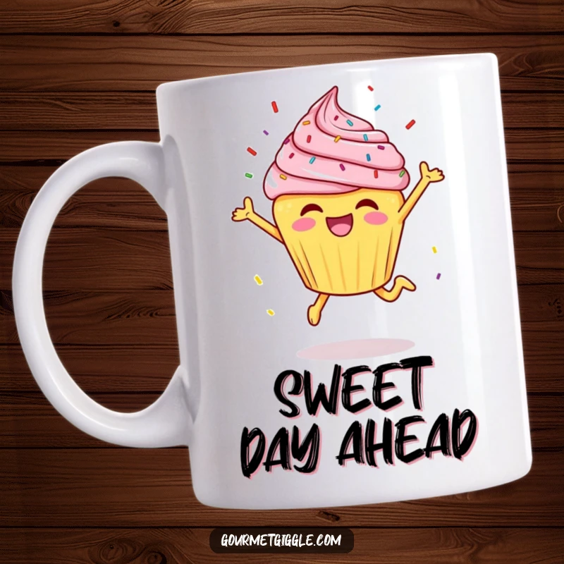 Funny cheerful cupcake doing a joyful leap with sprinkles flying happily on this sweet mug.