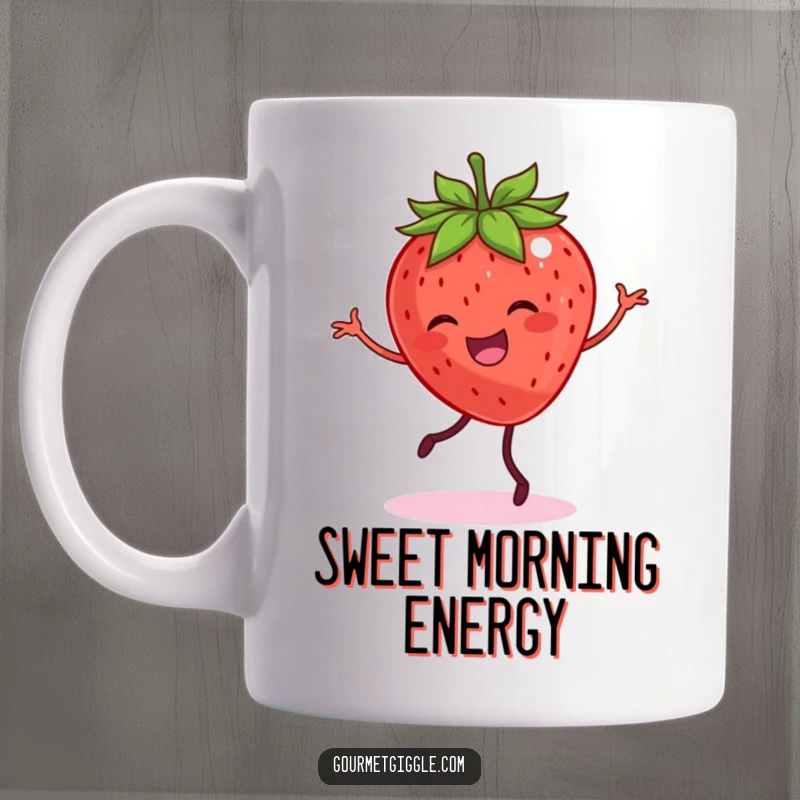 Funny mug showing a smiling strawberry with legs joyfully dancing, radiating happiness and fruity energy.