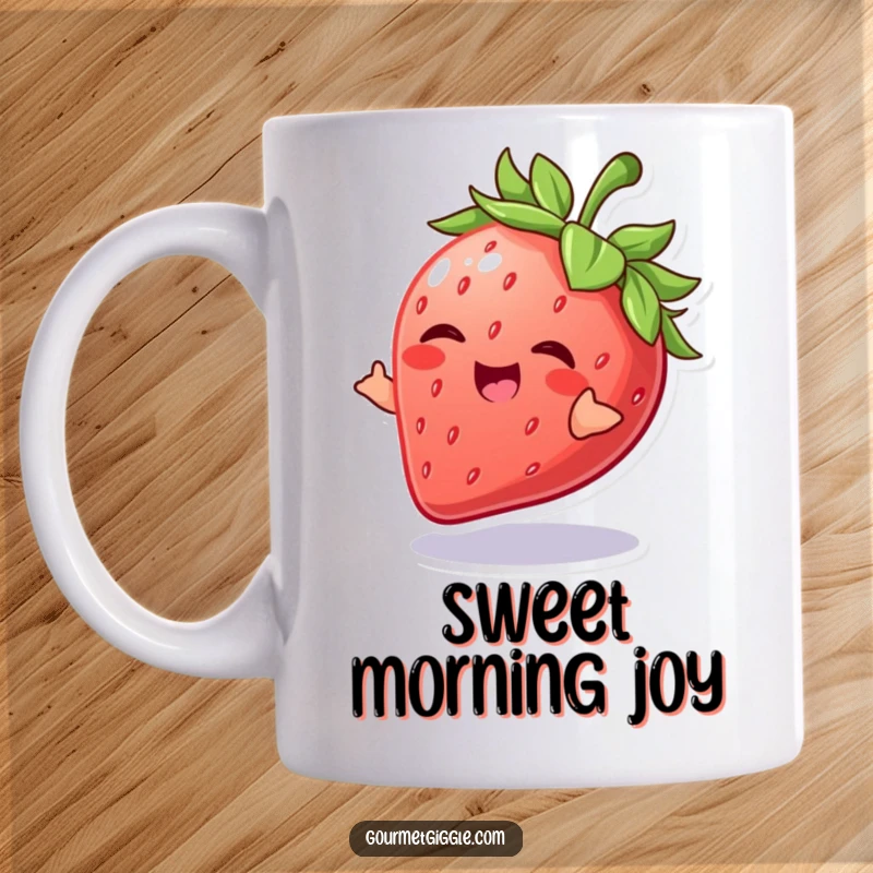 Funny Strawberry Mug featuring a giggling strawberry doing a playful spin, radiating pure joy and fruity delight.