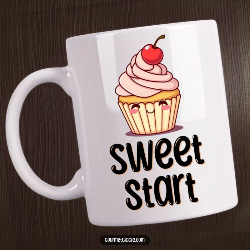 Funny mug featuring a cheerful cupcake with frosting swirls and a cherry tipping its hat, exuding joy and politeness.