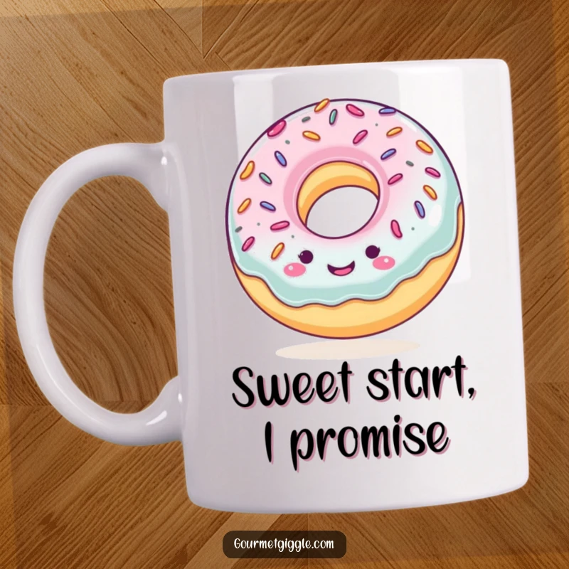 Funny mug showcasing a smiling donut with colorful sprinkles, bouncing rhythmically, perfect for donut lovers and those who appreciate sweet humor.