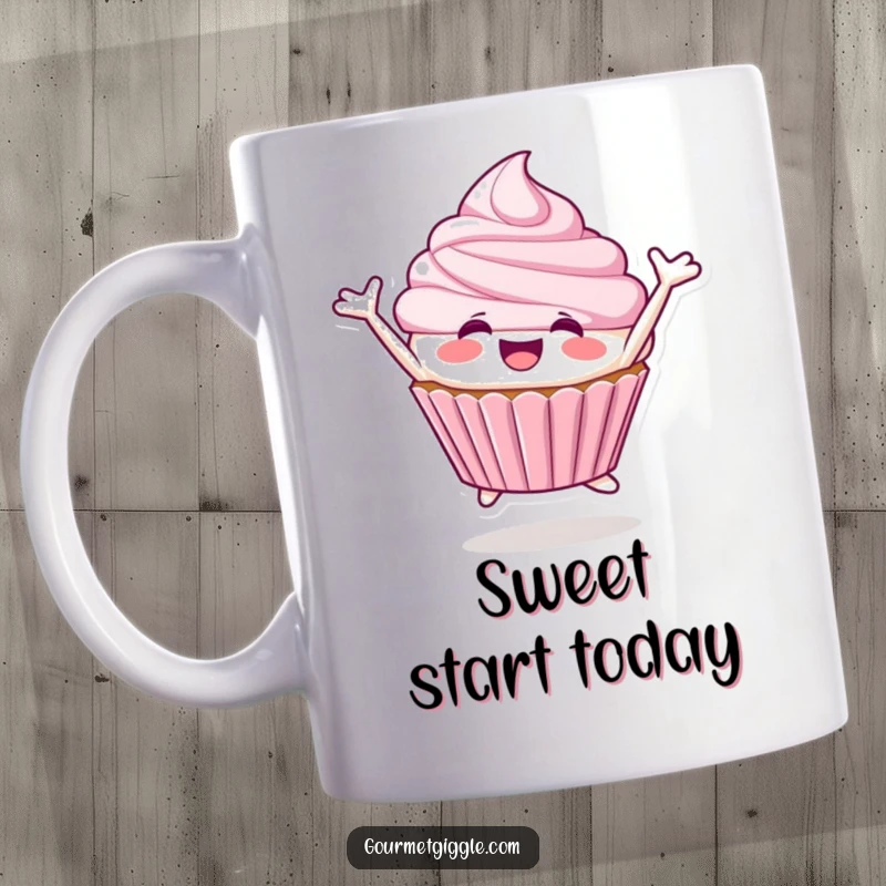 Funny Cupcake Mug featuring a smiling cupcake character joyfully leaping, radiating pure happiness.
