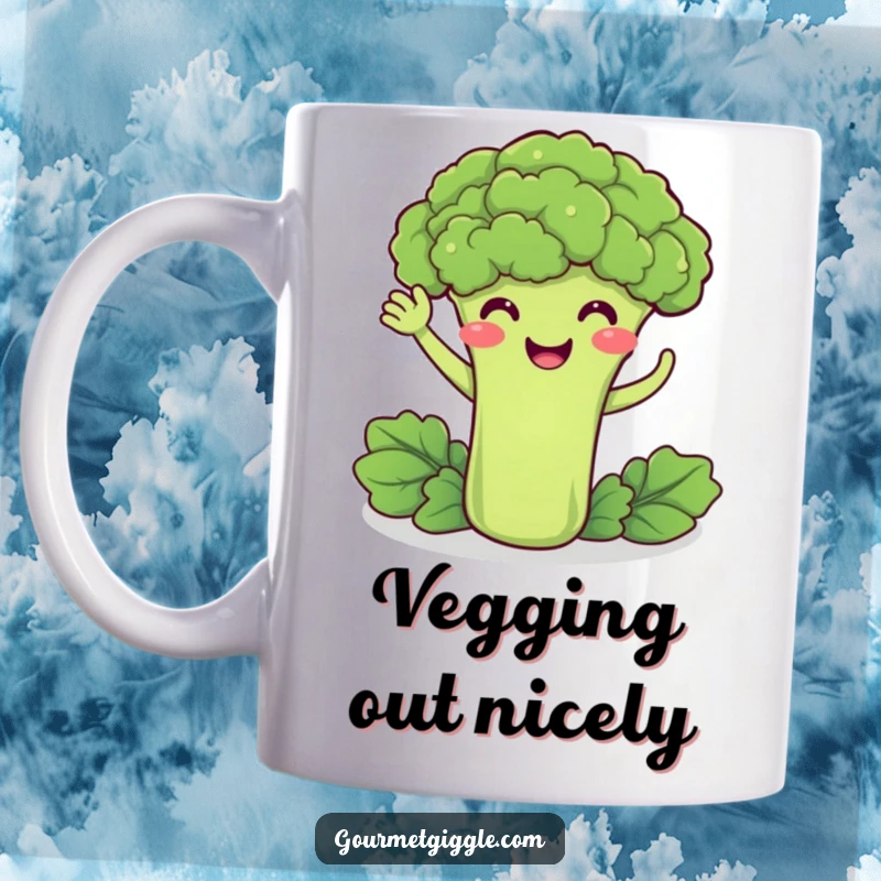 Funny broccoli mug featuring a delighted green vegetable smiling and doing a friendly little wave, radiating positive vibes.