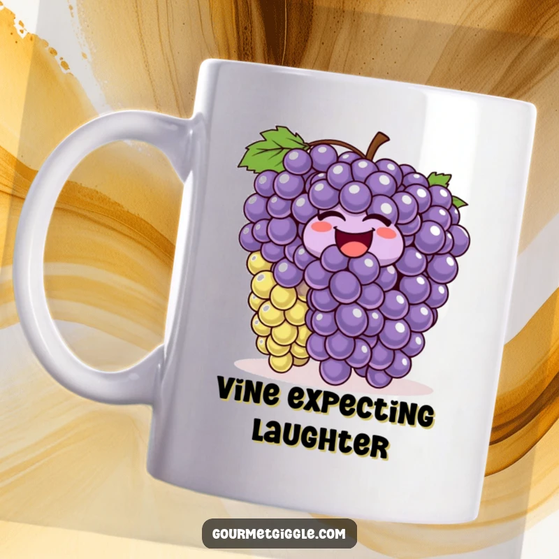 Funny bunch of grapes mug, wiggling and bouncing with laughter, spreading joy and humor with every sip, a delightful fruity friend.