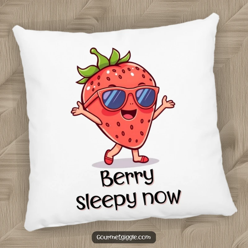 Funny Strawberry Sunglasses Pillow featuring a cheerful strawberry dancing with sunglasses, perfect for adding soft, stylish humor to any seating area.