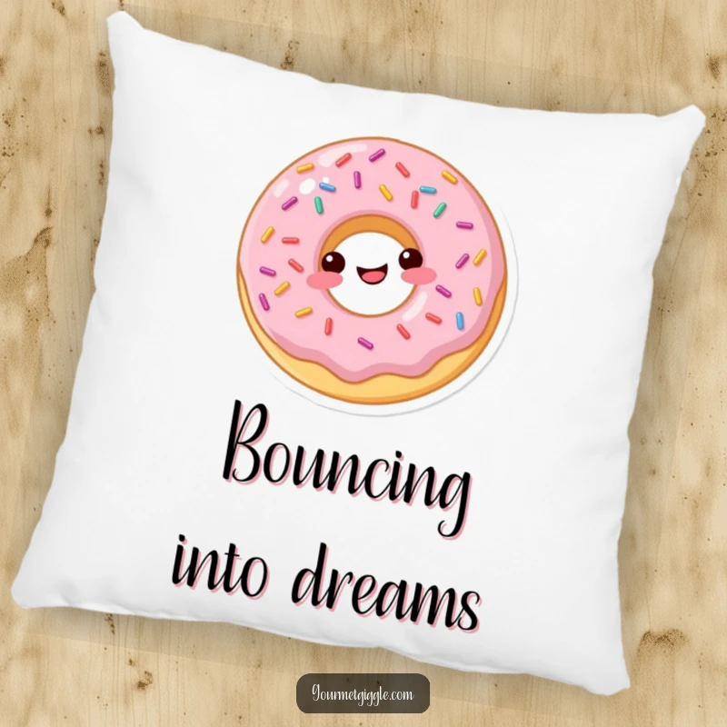 Funny donut pillow featuring a happily bouncing sprinkled donut, bringing playful charm to decor.