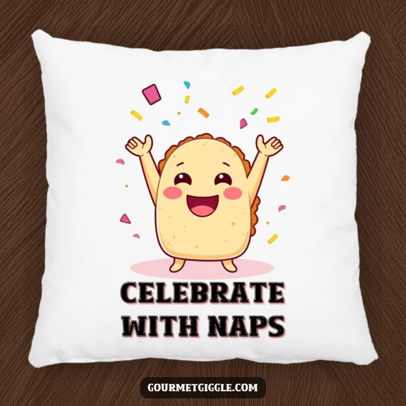 Funny taco throw pillow with arms joyfully throwing confetti, providing comfortable and humorous decorative touches.