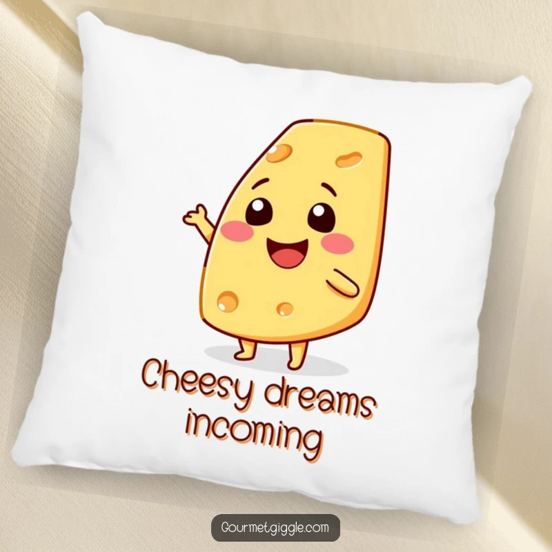 Funny smiling cheese wedge pillow, soft and plush, depicted doing a happy shimmy, adding a humorous touch to sofas and beds.