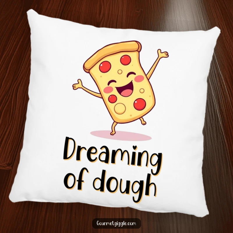 Funny pizza cartwheel pillow, featuring a smiling slice of pizza doing a joyful cartwheel, for cozy spaces.