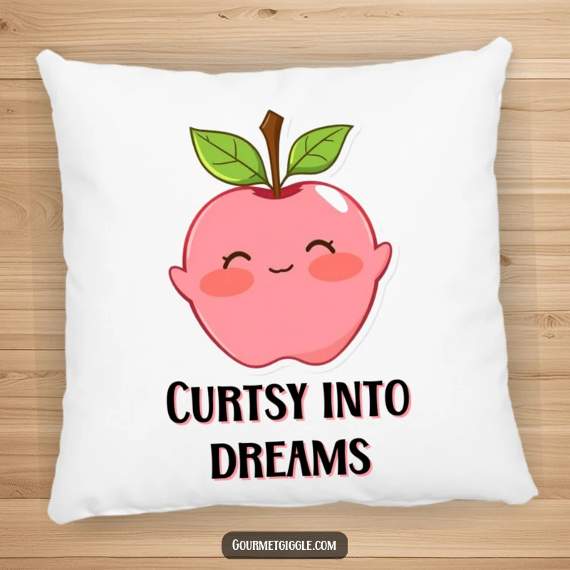 Funny apple pillow with a blushing face and leaf hair, doing a playful curtsy. Soft, charming, and delightful decor.