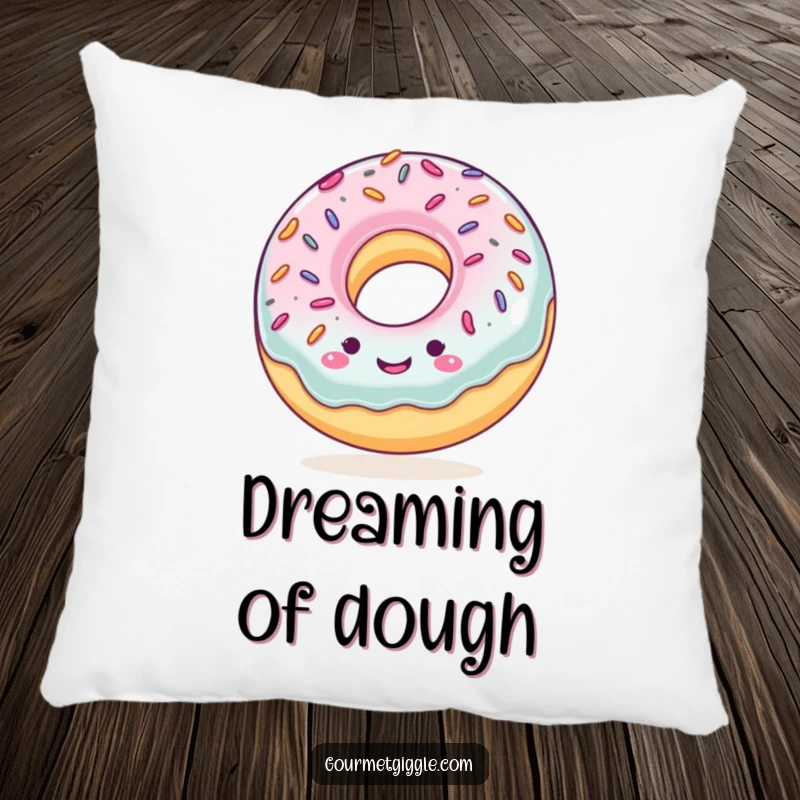 Funny pillow showcasing a smiling, bouncing donut with sprinkles, adding a touch of playful comfort and dessert humor to any space.
