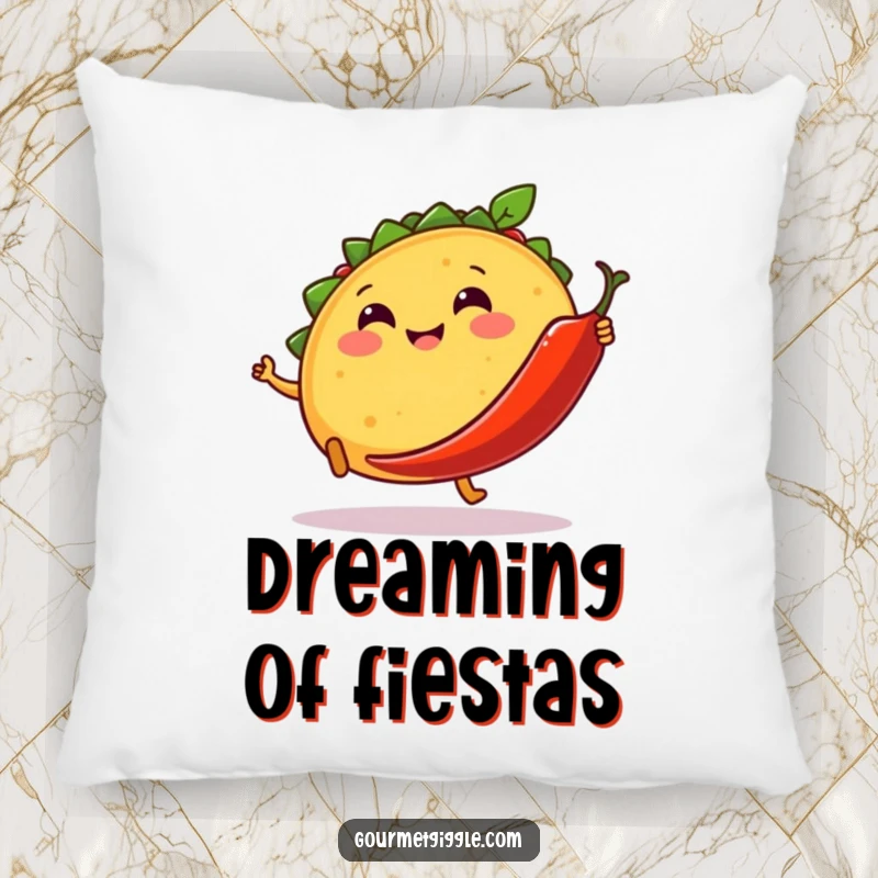 Funny pillow with a smiling taco kicking a dancing chili pepper, offering soft comfort and playful, fiesta-themed humor.
