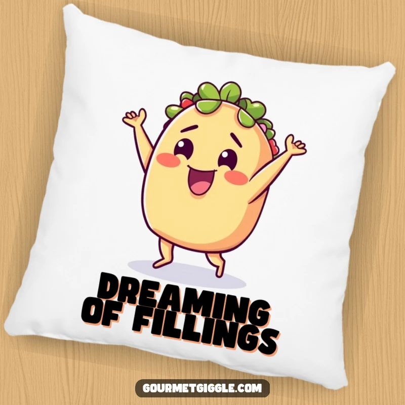 Funny Pillow: A plush pillow featuring a delighted taco performing a silly dance, bringing festive fun to any room.
