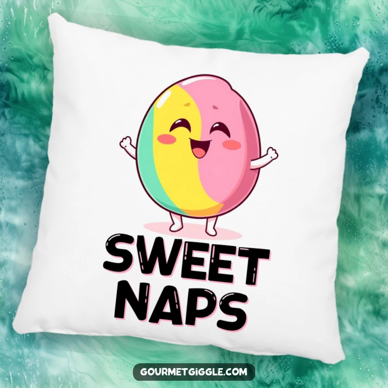 Funny pillow with a delighted candy bouncing excitedly with a silly grin, offering soft comfort and sweet, humorous delight.