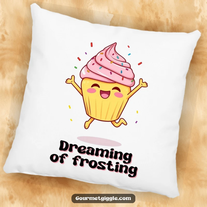 Funny cheerful cupcake doing a joyful leap with sprinkles flying, on a soft and decorative pillow.