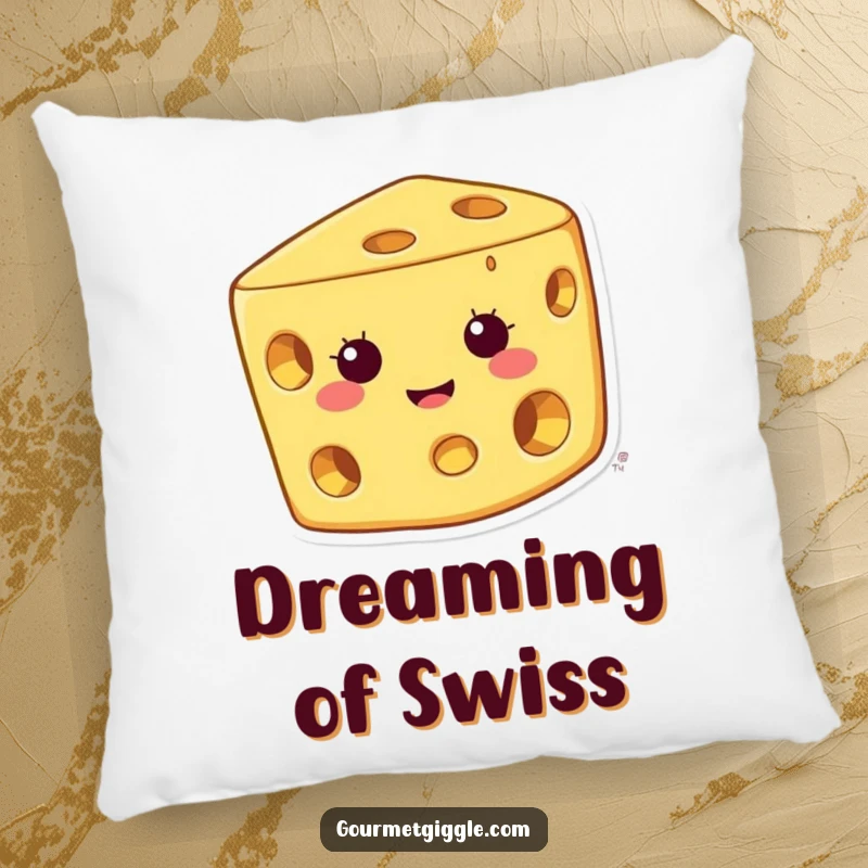 Funny cheese pillow featuring a happy character with a wide grin and holes, providing comfort and cheesy humor.