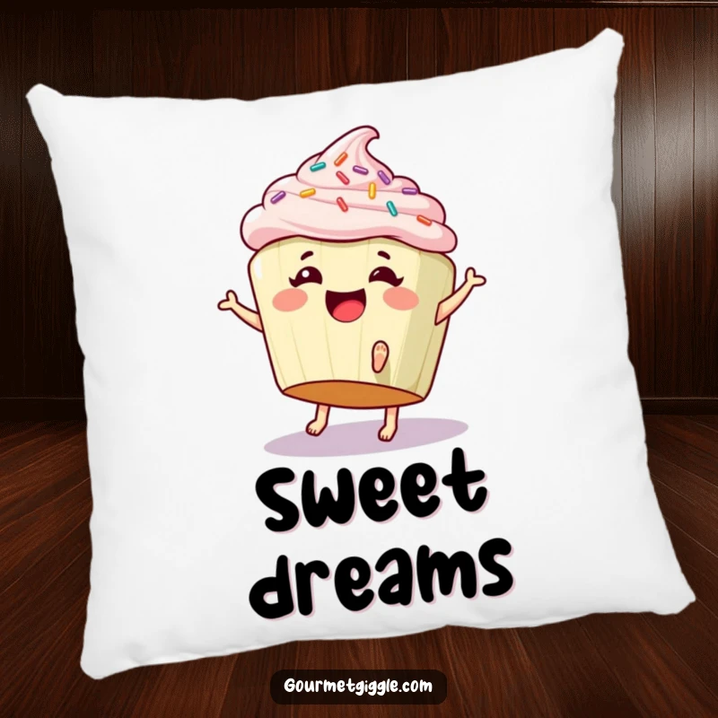 Funny pillow with a giggling cupcake doing a cartwheel, offering soft comfort and sweet, humorous delight.
