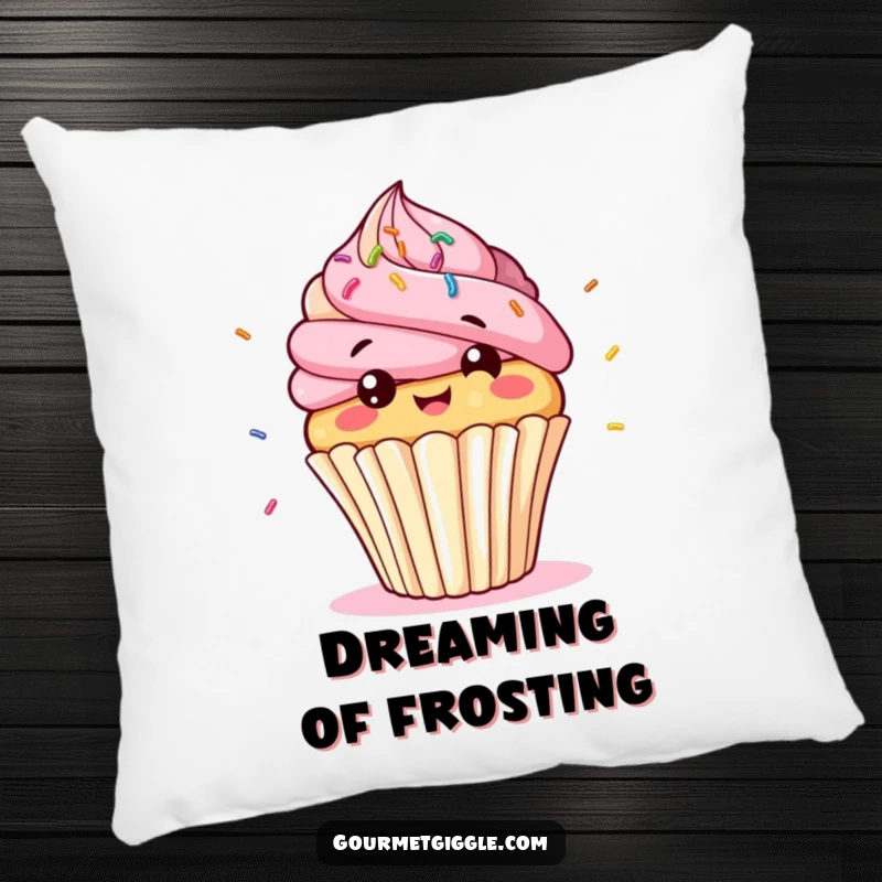 Funny cupcake character pillow, a giggling, bobbing cupcake with bouncing sprinkles, offering comfort and sweet humor.