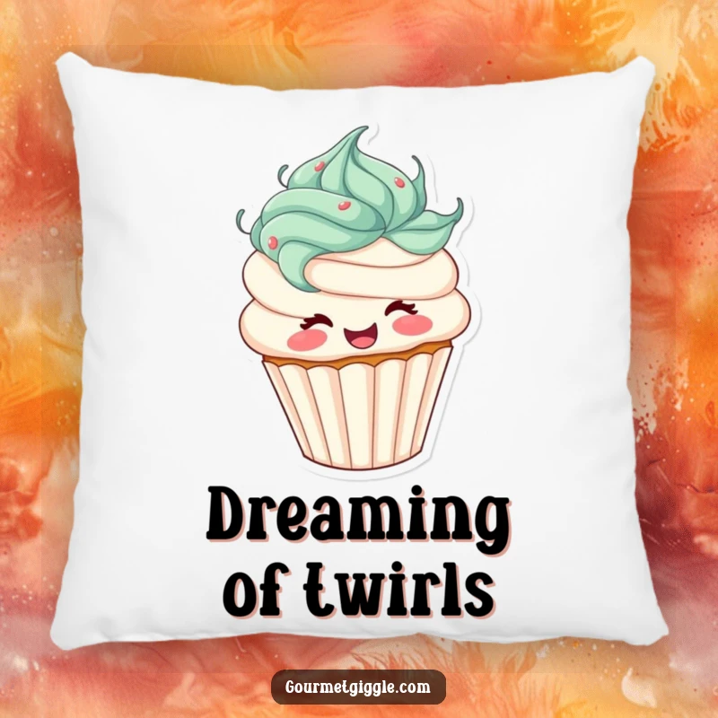 Funny cupcake pillow featuring a joyful character with swirly frosting hair, captured in a lively spinning motion. Soft and huggable.