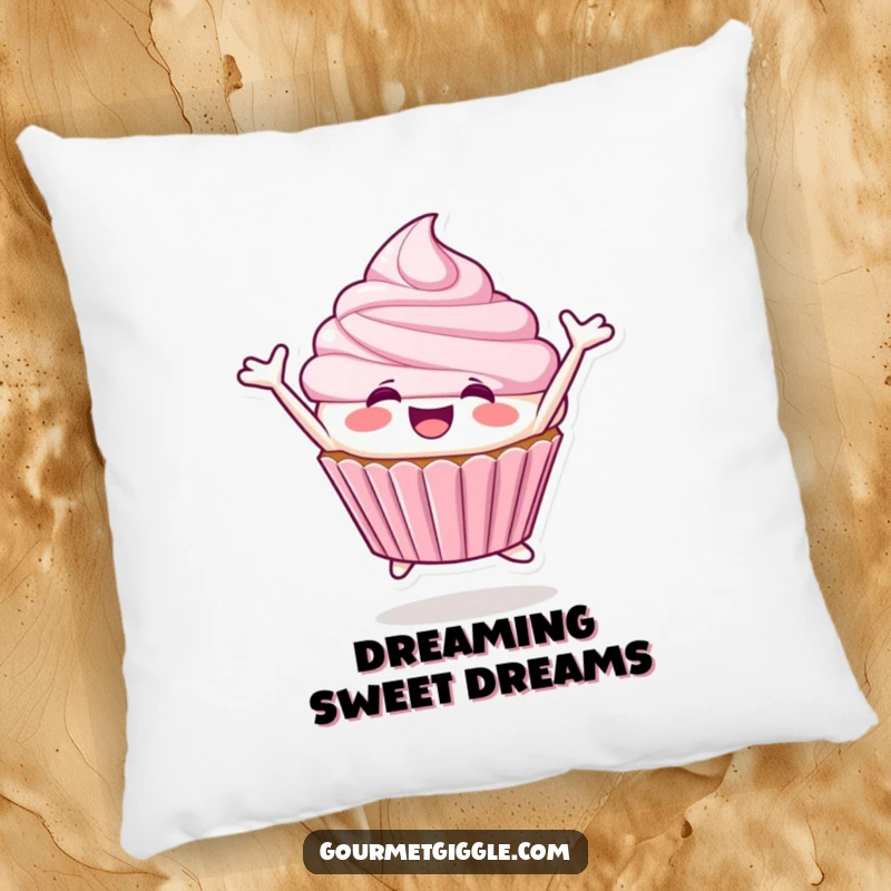 Funny Cupcake Pillow designed with a smiling cupcake character joyfully leaping, ready to spread cheer.