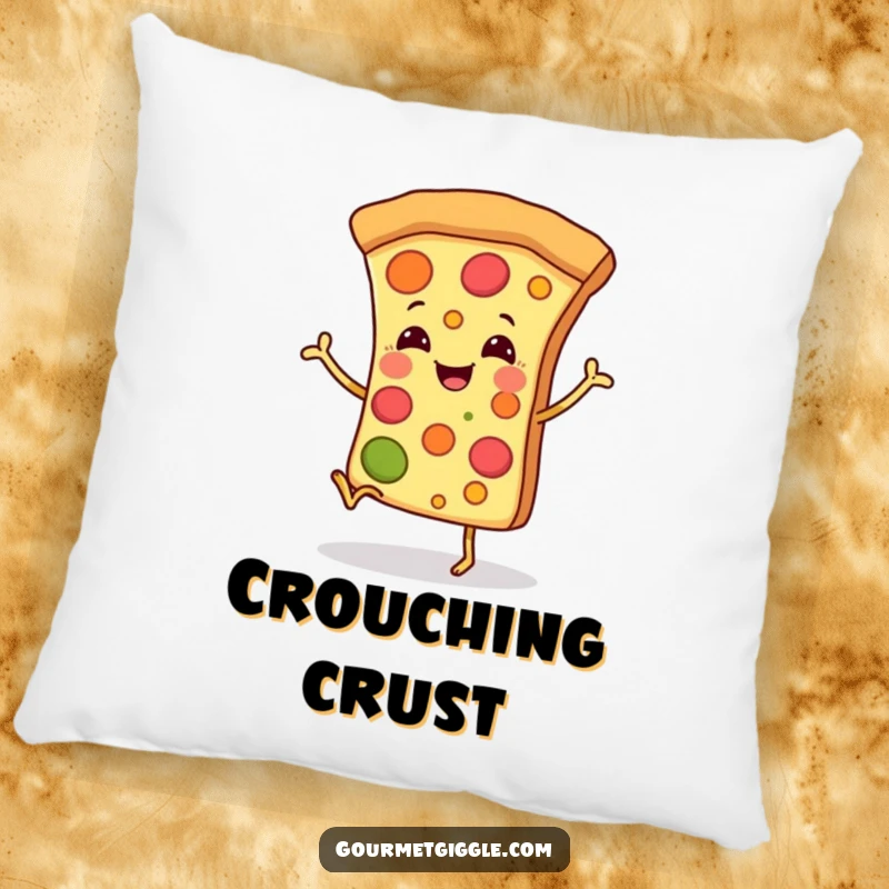 Funny pillow featuring a smiling pizza slice with tiny legs in a happy dance, offering comfort and fun.