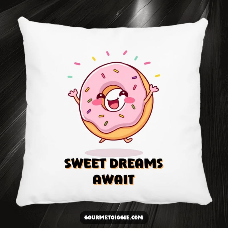 Funny donut pillow featuring a gleeful donut doing a happy jig, decorated with flying sprinkles. Soft and huggable.