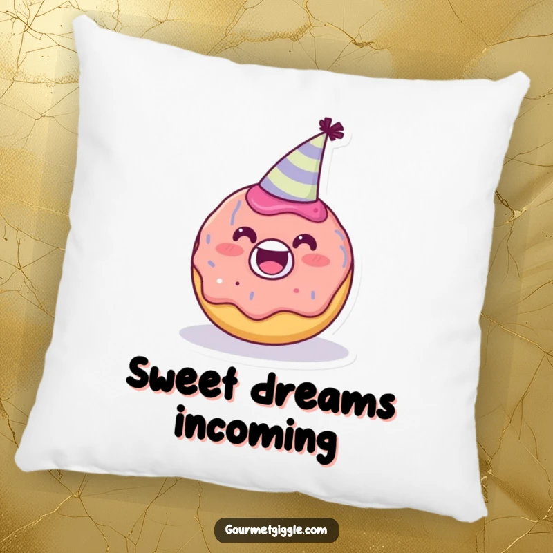 Funny delighted donut character wearing a tiny party hat on a pillow, a cute and comfy cushion, a perfect funny gift.