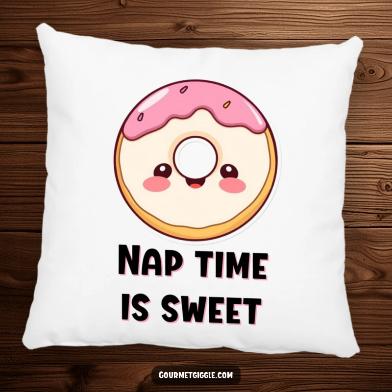 Funny donut character pillow, a cheerful, round donut with a delighted expression, offering comfort and sweet humor.