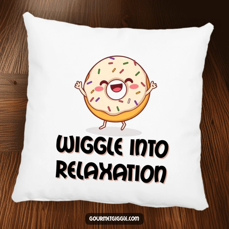 Funny donut pillow with sprinkles doing a joyful wiggle dance, soft decor that brings cheer and comfort. A sweet and cuddly addition.