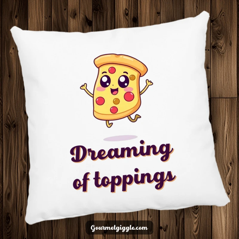 Funny pillow showcasing a happy, leaping pizza slice with legs, adding a touch of playful comfort and foodie humor to any space.