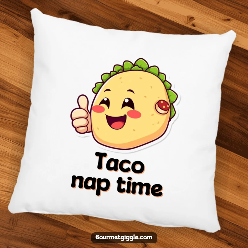 Funny pillow with a happy taco character smiling and giving a thumbs up, adding a cozy and cheerful touch.