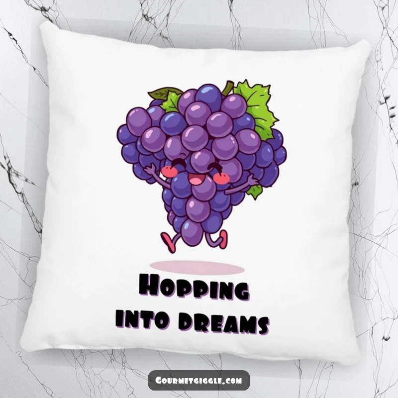 Funny pillow featuring an exuberant bunch of grapes caught mid-hop, offering soft, fruity joy and comfort.