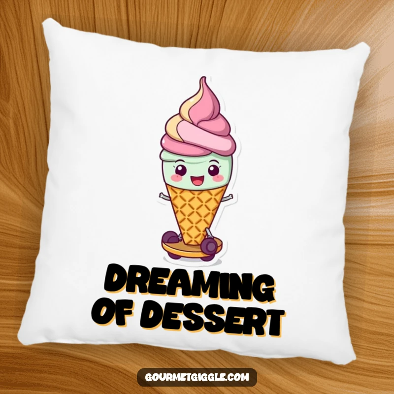 Funny pillow showcasing a cheerful, scooting ice cream cone on its waffle base, adding a touch of playful comfort and dessert humor to any space.