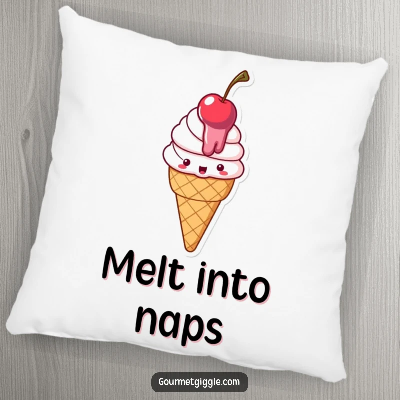 Funny Pillow featuring a happy, melting ice cream cone with a cherry, offering a soft and humorous decorative touch.