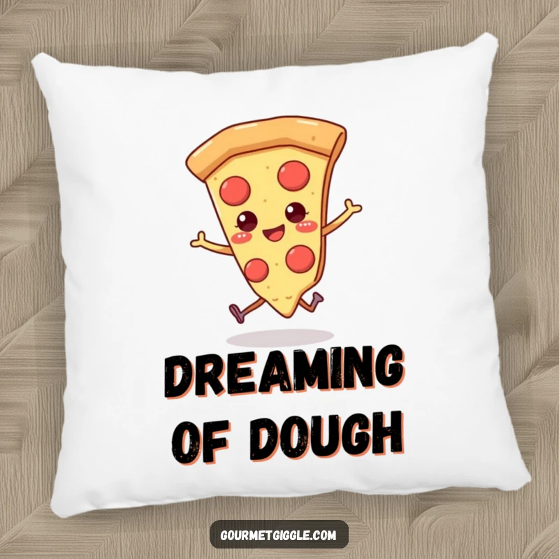 Funny pizza pillow featuring a smiling slice of pizza with tiny legs, skipping happily for ultimate comfort.