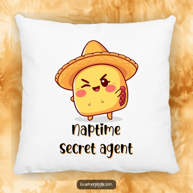 Funny taco throw pillow wearing a sombrero, giving a mischievous wink, providing comfortable and humorous decor.