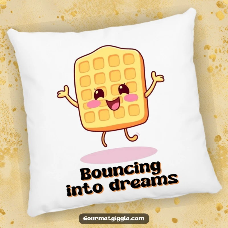 Funny Pillow showcasing a cheerful waffle character in a happy little bounce, adding playful breakfast charm.