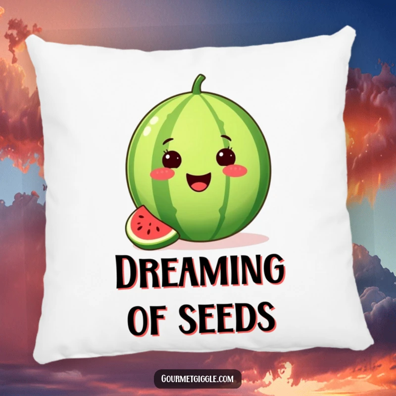 Funny pillow with a proud watermelon, a slice missing, beaming with summer joy, offering comfort and festive flair.