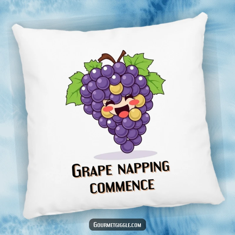 Funny Pillow featuring a happy bunch of grapes joyfully rolling, offering a soft, whimsical, and humorous decorative accent.