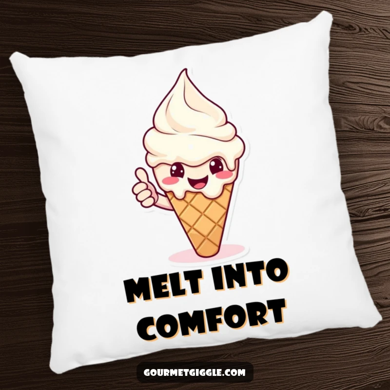 Funny ice cream pillow with a melting cone giving a cheerful thumbs up. Soft, sweet, and delightfully cozy.