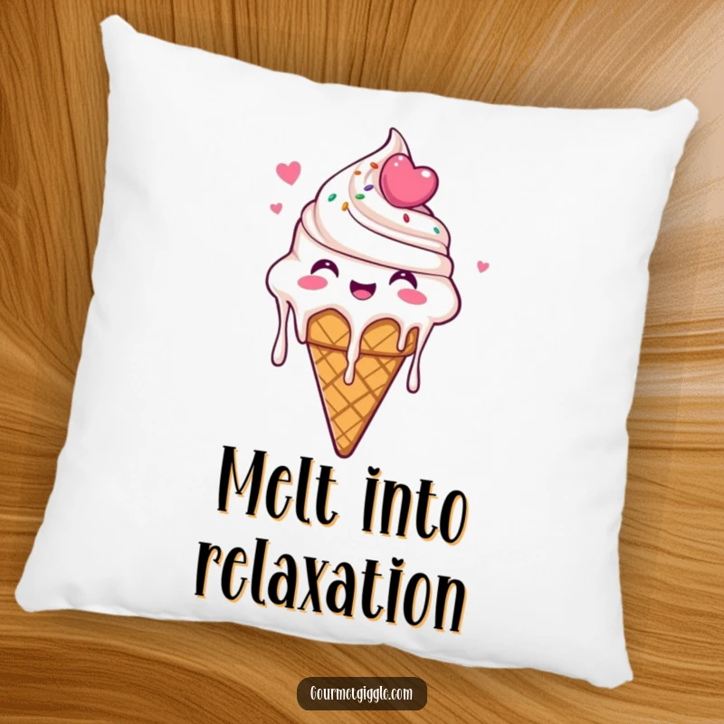 Funny Ice Cream Cone Pillow featuring a delighted ice cream cone dripping with glee, perfect for adding soft, humorous comfort to sofas and beds.