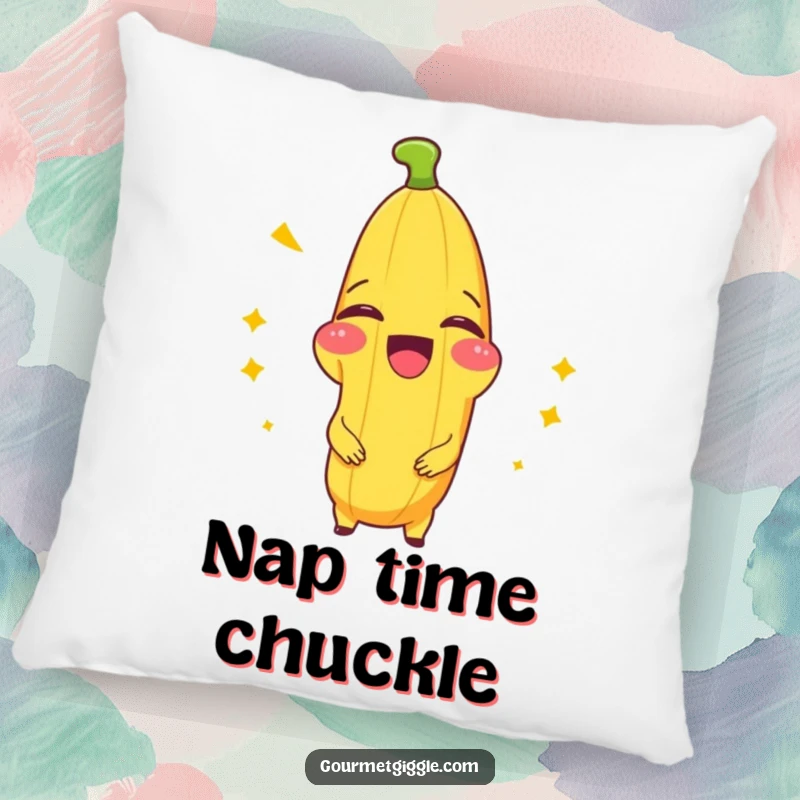 Funny pillow with a beaming banana splitting with laughter, perfect for adding comfort and a humorous vibe.