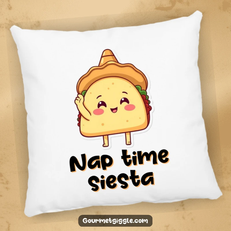 Funny Taco Sombrero Pillow featuring a happy taco in a sombrero, invitingly tapping its shell, perfect for adding comfort and humor.
