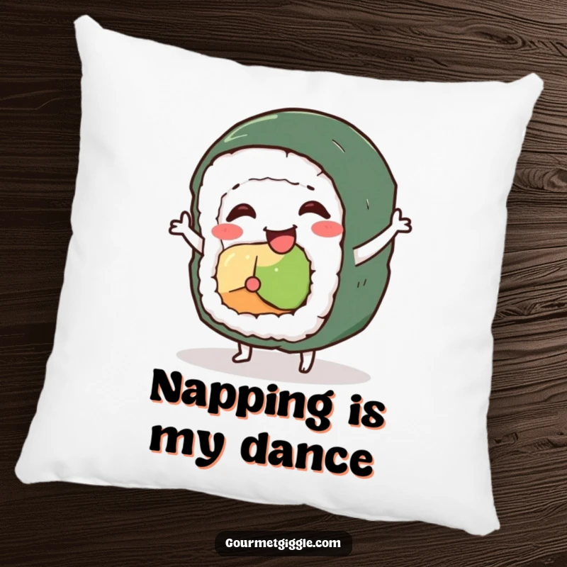Funny sushi roll character pillow, depicting a wobbly roll doing a silly dance, offering comfort and food humor.