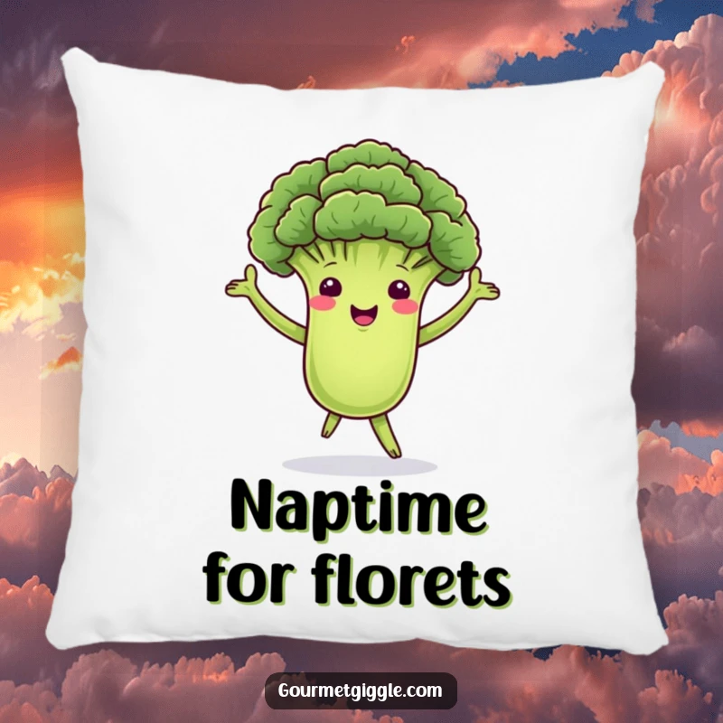 Funny pillow showcasing a dancing broccoli floret with green arms, adding a touch of playful comfort and healthy humor to any space.